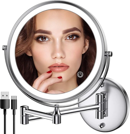 Rocollos Rechargeable Wall Mounted Lighted Makeup Mirror Chrome, 8 Inch