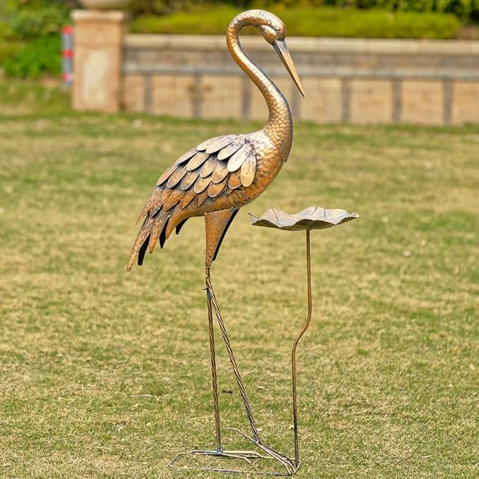 Large Heron Garden Statue, 42'' Crane Outdoor Statue with Birdbath, Crane Metal Yard Art for Porch Backyard Patio Lawn Decor (Golden)