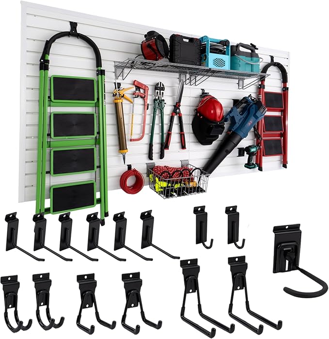 FRAYSCENT Slat Wall Paneling Garage Slat Wall Storage Systems Slatwall Panels Power Tool Organizer Wall Mount, PVC Garage Storage & Organization Products Slate Board (White, 4ft x 8ft with 15 Hooks)