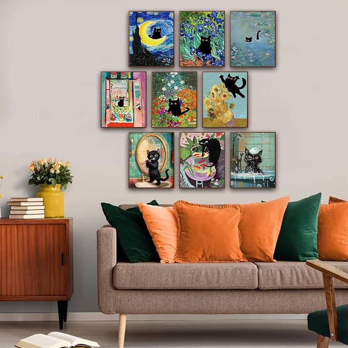 9Pcs Funny Black Cat Wall Art Cats in van gogh Famous Paintings Posters Prints