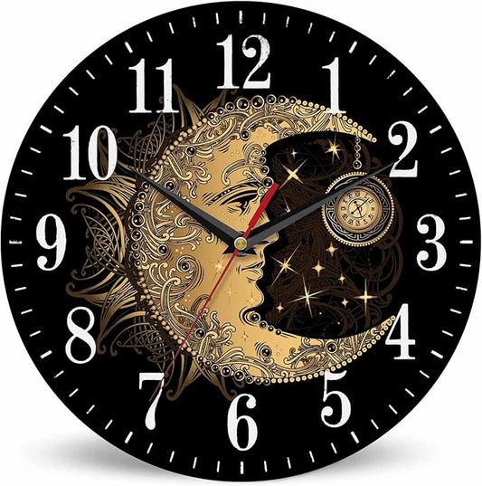 Mxocom Crescent Moon Wall Clock Boho Chic Golden Sun Ethnic Retro Night Black