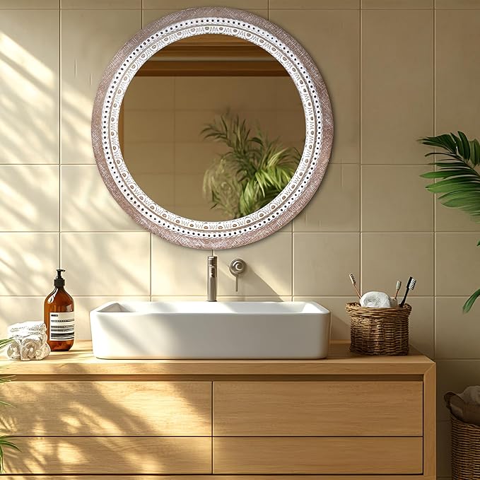 Reflinto 30 Inch Rustic Farmhouse Round Wood Mirror Wall Decor, Boho Circle
