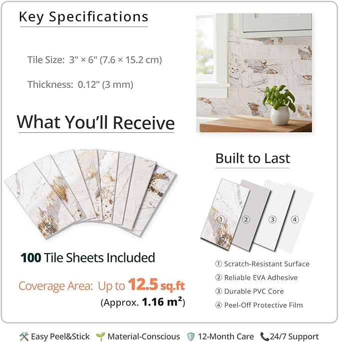 StyloVue 100 Pieces Peel and Stick Backsplash