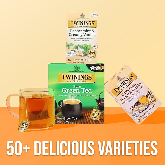 Twinings Peppermint & Creamy Vanilla Herbal Tea Individually Wrapped Bags, 20 Count (Pack of 2), Formerly Buttermint, Naturally Caffeine-Free, Enjoy Hot or Iced