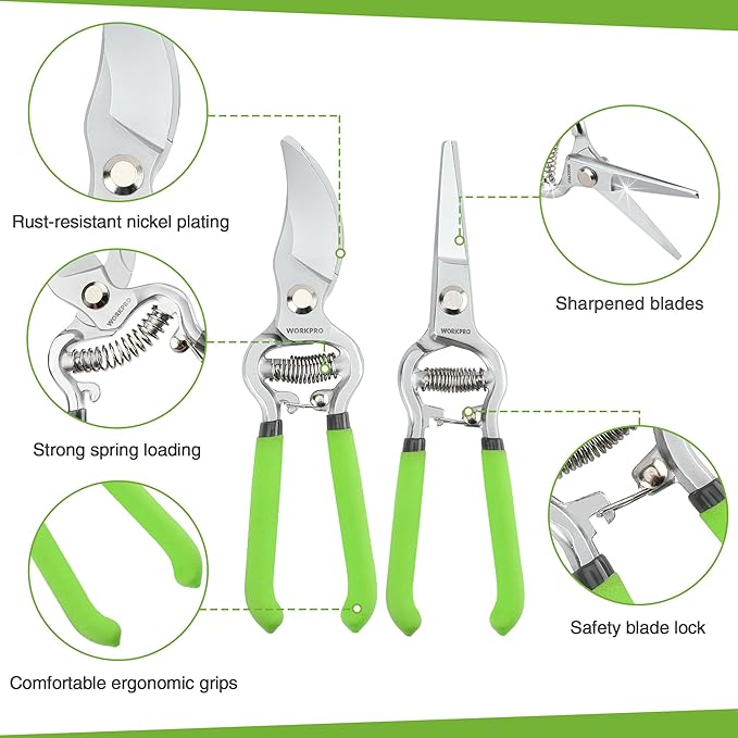 WORKPRO 2-Piece Pruning Shears and Garden Tool Belt Set, Gardening Belt with 5 Pockets and Adjustable Waist Belt, 8" Bypass Garden Shears and 8'' Handing Pruner with Steel Straight Blade