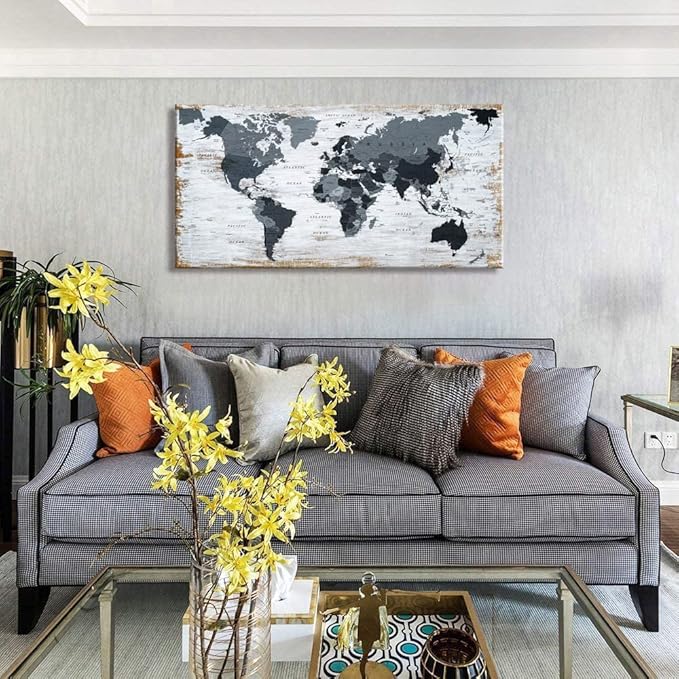 World Map Canvas Wall Art Decor Black Wall Decor Office World Map Wall Art