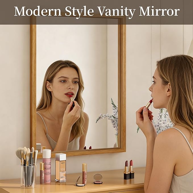 Syndra Natural Wood Frame Bathroom Mirror, 24x36'' Modern Vanity Mirror