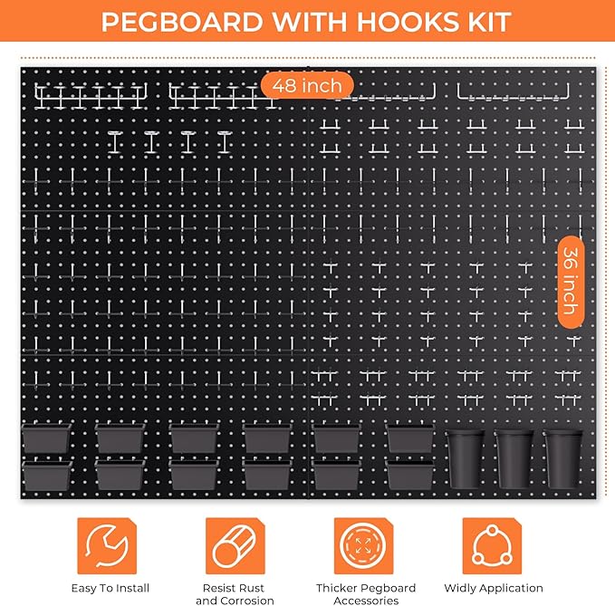INCLY 226PCS Metal Pegboard Wall Organizer, 48x36 Inch Black Peg Board Panels