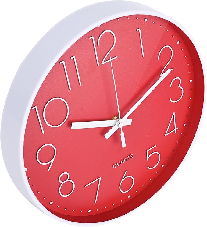 Red Wall Clock 12 Inch Silent Non-Ticking Modern Quartz Wall Clocks Battery