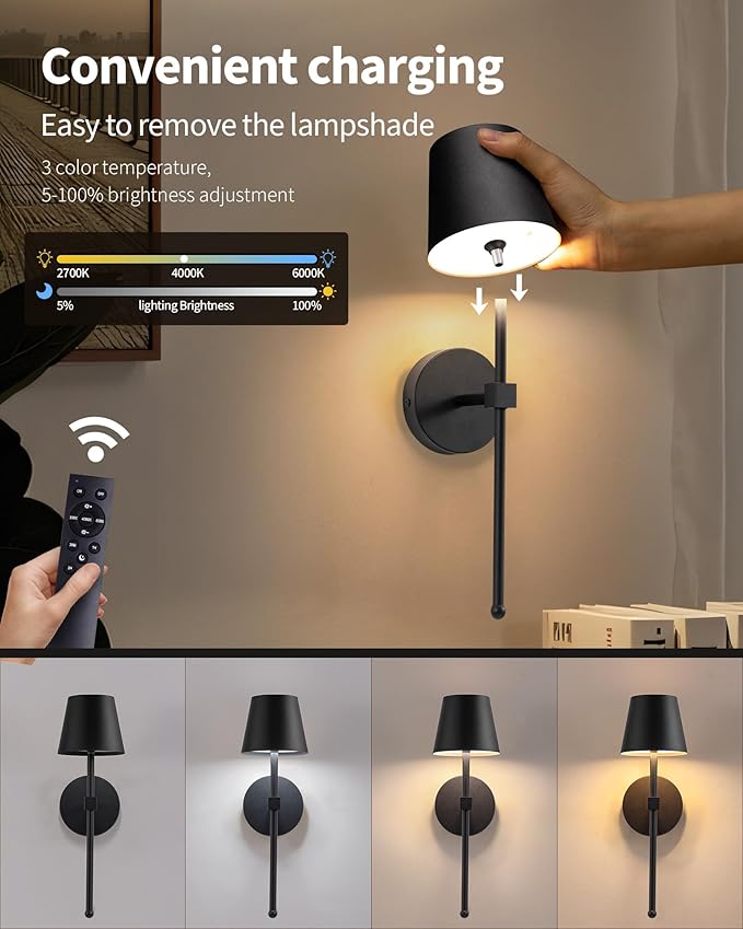 KDG Wireless Wall Sconces Set of 2, Small Cordless 5200mAh Rechargeable Battery