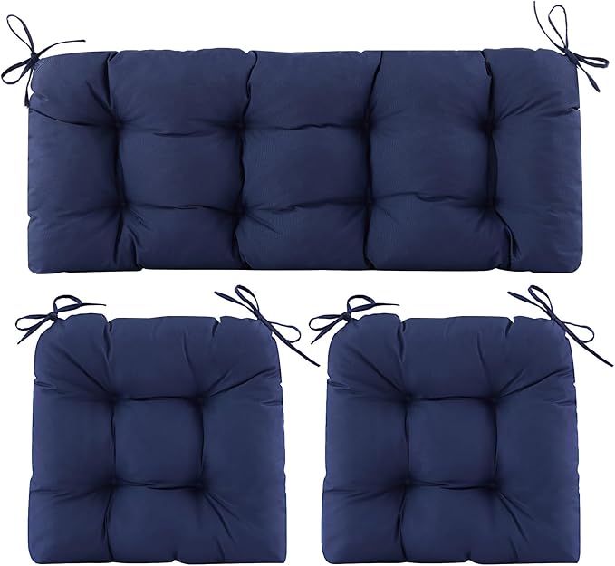 Wicker Chair Cushions of 3 Pieces, Waterproof Cushions for Patio Furniture, Tufted Wicker Outdoor Furniture Cushions, 1 Patio Loveseat Cushion and 2 U-Shaped Cushions, 44"x19"x5", Navy Blue