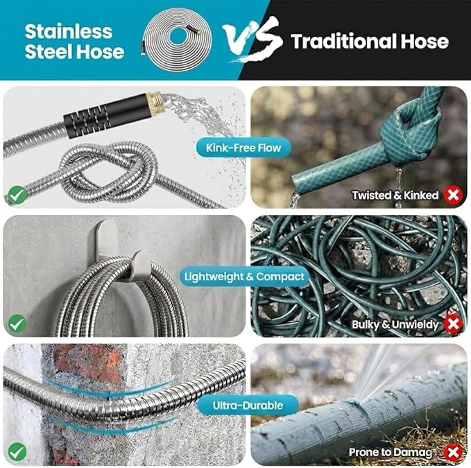 Garden Hose 100FT, Water Hose with 10 Function Nozzle, Garden Hose Metal with Leak-proof Connectors, No-Kink, Lightweight, Puncture-proof, Pet-proof, Sturdy, Hose for Outdoor, Yard