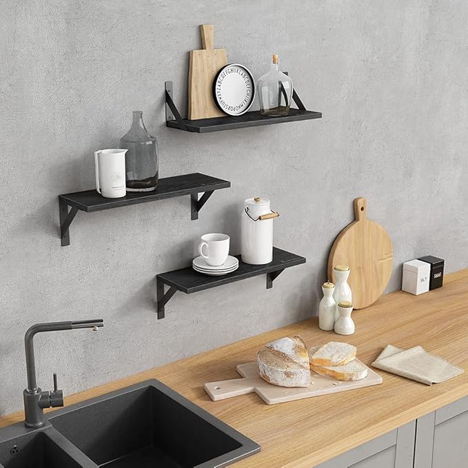 Forbena Black Floating Shelves Bathroom Set of 3, Wooden Wall Book Shelves