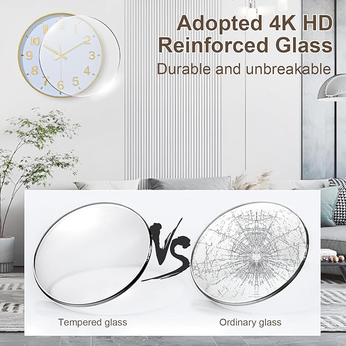 Gold Wall Clocks Battery Operated, 12 Inch Non Ticking Digital Wall Clock