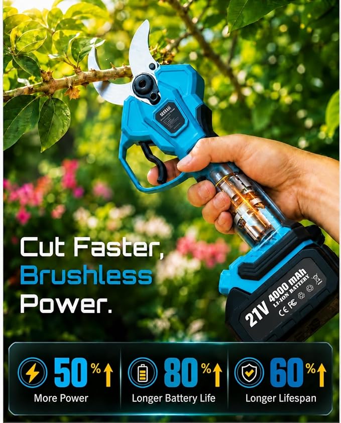 SEESII Electric Pruning Shears for Gardening: 1.8” Cutting Cordless Power Pruner - Brushless Motor, Dual 4.0Ah Battery, 4 Levels Adjustable Extra SK5 Blade Branches Cutter For Tree & Flower Trimming