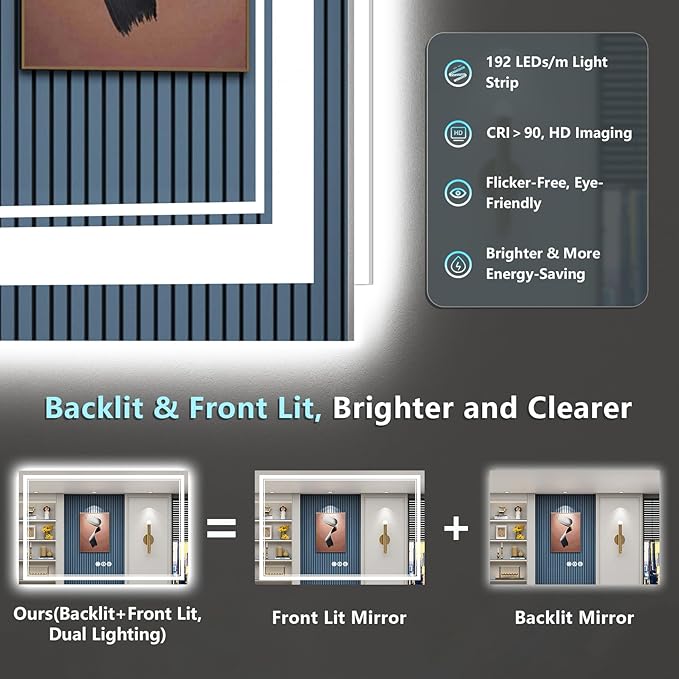 60x28 LED Bathroom Mirror with Lights, Backlit and Front Lit Anti-Fog Lighted