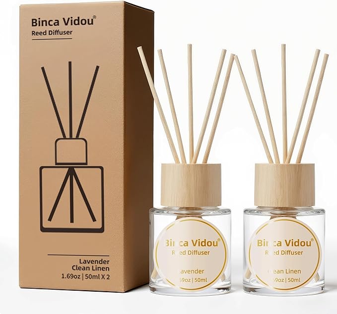 Binca Vidou Reed Diffuser Set Lavender & Linen Natural Scent Theme Oil Diffusers with Sticks for Home Office Bathroom Aromatherapy Decor 1.69oz x 2
