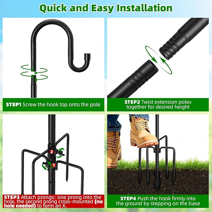 46" Heavy Duty Shepherds Hooks for Outdoor, Bird Feeder Pole with 5 Prong Base, Adjustable Height Shepherds Hook for Hummingbird Feeder, Bird Feeder, Plant, Wind Chimes,Lanterns,Wedding Decor (1 Pack)