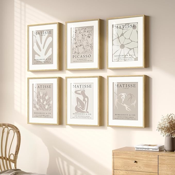 Framed Neutral Abstract Wall Art, 6 Piece Modern Matisse Prints Artwork