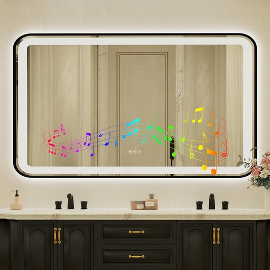 32x55 Inch Black Framed LED Bathroom Mirror