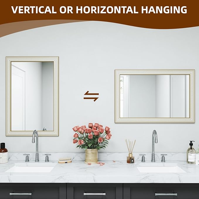 Reflinto 36x24 Inch Rustic Farmhouse Rectangular Wall Mirror, Wooden Rectangle