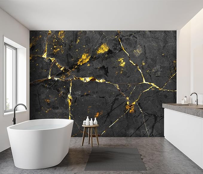 -Black and Gold Marbled Fabric Wallpaper Dark Abstraction Art Living Room