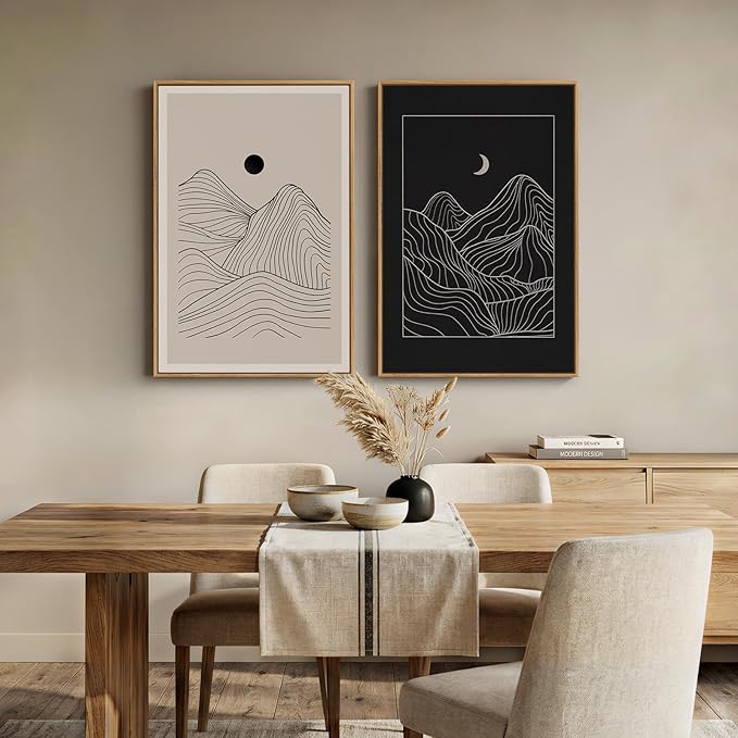 Large Framed Black and Beige Neutral Abstract Wall Art