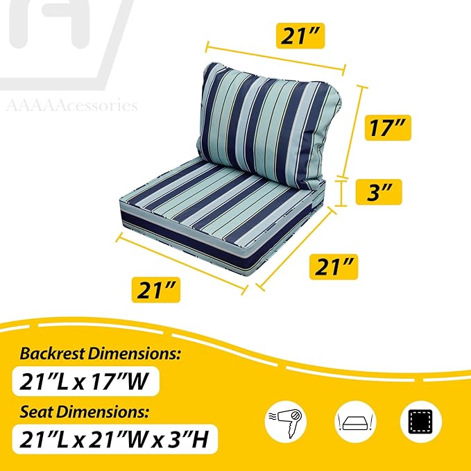 AAAAAcessories Outdoor Seat Cushions for Chairs, Fade-Resistant, Waterproof Patio Furniture Replacement Cushions, 21" x 21" x 3" + 21" x 17", Ash Teal Seaside Stripe