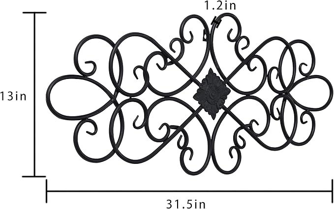 Sintosin Black Wrought Iron Wall Decor 32" x 13", Hanging Flower Scroll Metal Wall Art Decor, Living Room Wall Decor, Vintage House Decorations for Indoor Outdoor Fireplace Bedroom
