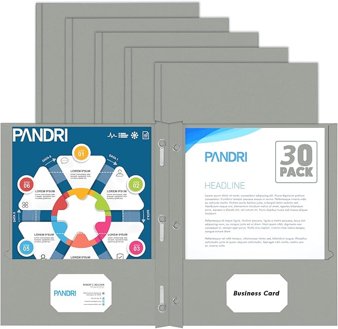 Two Pocket Folders, PANDRI 30 Pack Two Pocket Folders with Prongs, 3 Prong Folders Designed for Office and Classroom, Letter Size Grey