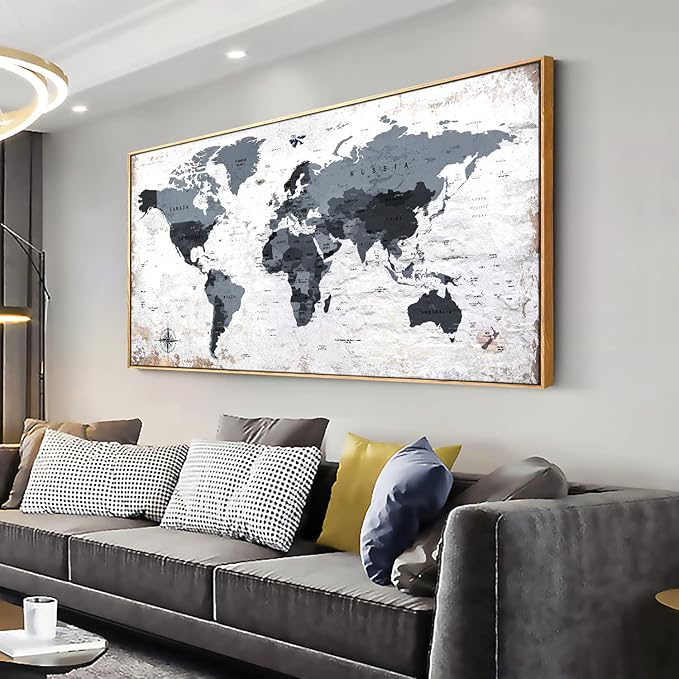 Framed wall art World Map Wall Art Canvas Picture 30inchx60inch Large Black and