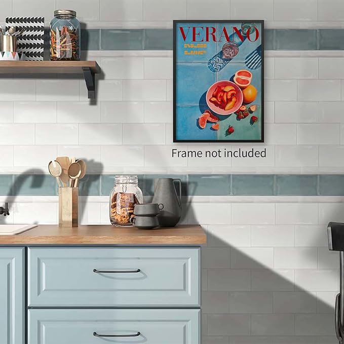 jkahh Summer Travel Food Fruit Wall Art Retro 70s Blue Posters Trendy Orange