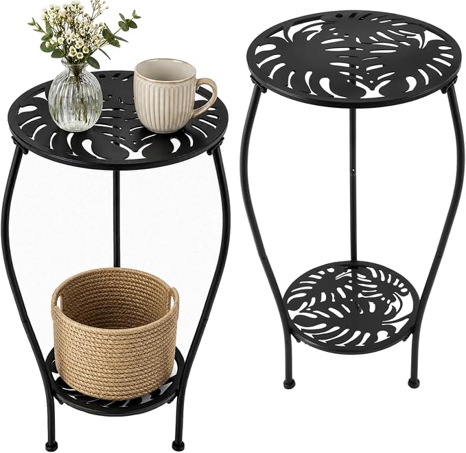 2-tiered 13.2 Inch Metal Round Side Table Set of Two Small Black Outside End Table for Patio Round Accent Garden Corner Stand for Small Spaces Weather-resistant Outdoor Coffee Table for Balcony, Black