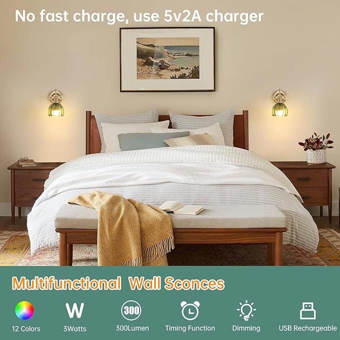 Shenmoyl Vintage Battery Operated Wall Sconce, 5000mAh Rechargeable Wall Light