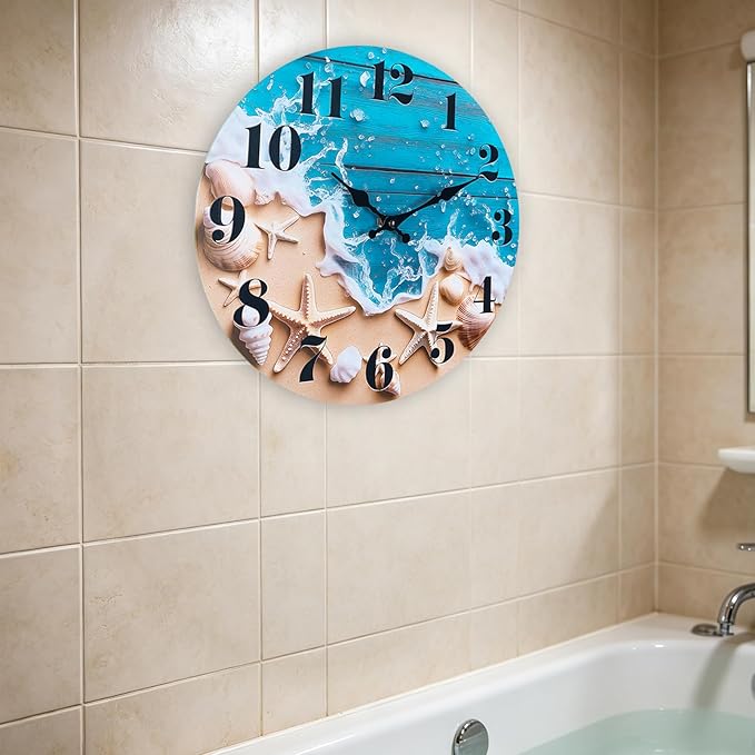 Large Indoor/Outdoor Clocks Waterproof, Glass Coastal Beach Decor Wall Clock