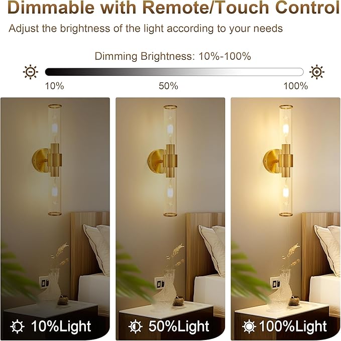 Morauroral Gold Battery Operated Wall Sconces Set of 2, Rechargeable Wall Lights