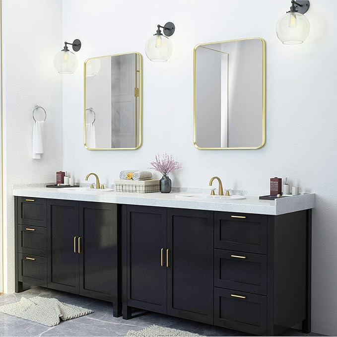 Wall Mount Mirror for Bathroom, Brushed Gold Metal Framed Rounded Corner