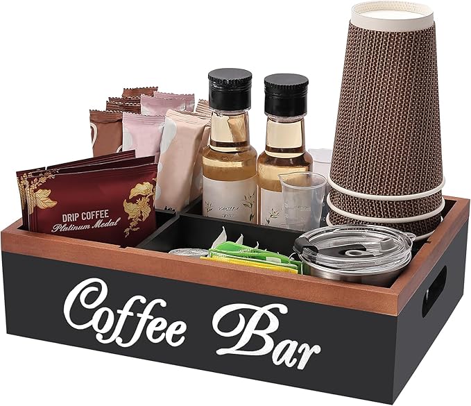 Wooden Coffee Organizer Holder with Divided Sections & Cutout Handle, Farmhouse Coffee Bar Organizer for Pods, Cups, Lids, Syrups, Stirrers & Accessories – Ideal Gift for Home or Office