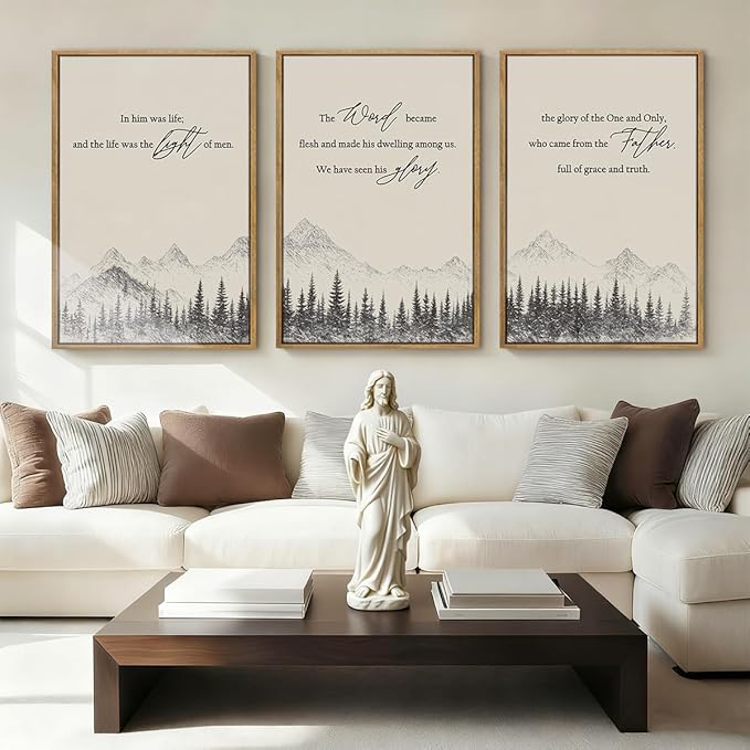 IARTTOP Large Christian Easter Framed Wall Art 16x24 Inch Neutral Mountain Forest Canvas Wall Decor Jesus Bible Verse Catholic Biblical Scripture Prints for Prayer room Living room Set of 3
