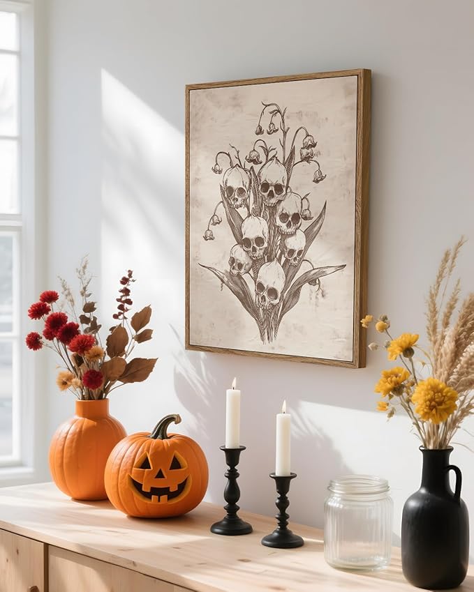 InSimSea Framed Canvas Prints Art Vintage Decor, Gothic Skull Flowers Painting, Rustic Dark Academia Wall Art for Bathroom, Halloween Living Room Witchy Room Wall Cottagecore Decor, 12x16inch