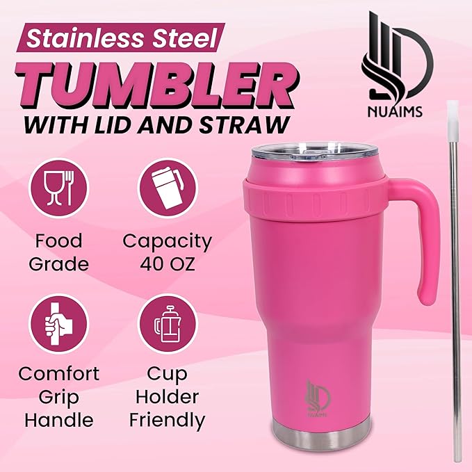 40 Oz Tumbler with Handle & Straw Lid, Insulated Stainless Steel Vacuum Flask, Double Wall Thermal Car Cup for Hot & Cold Drinks, Leak Proof, BPA Free (Charcoal Black)