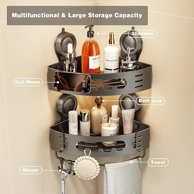 Voldra Corner Shower Caddy Suction Cup, Aluminum Corner Shower Shelves