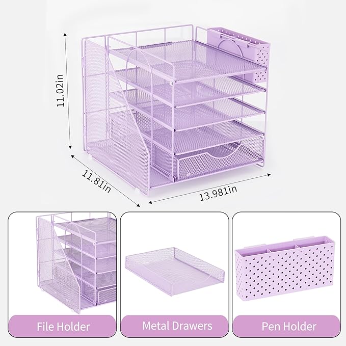 OUTIOE Desk Organizer with Drawer and Pen Holder, 5-Tier Paper Letter Tray Organizer with File Holder, Suitable for Workspace Organizer Office Supplies Storage (Purple)