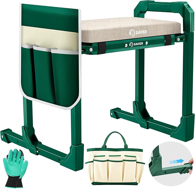 Saker Garden Kneeler and Seat Foldable Gardening Stool with Extendable Legs & Thickened Pad, Tool/Storage Bag, Heavy Duty Support for Elderly, Gardening, Outdoor Use
