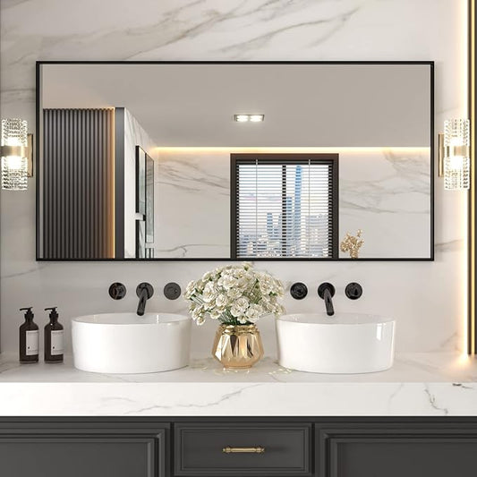 LOAAO 72"X36" Black Rectangle Bathroom Mirror Wall, Matte Black Aluminum Alloy