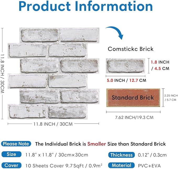 COMSTICKC 3D Faux Brick Wall Panels Peel and Stick Wall Covering, Not Real Brick