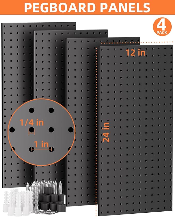 INCLY 158PCS Metal Pegboard Wall Organizer, 48x24 Inch Black Pegboard Panels