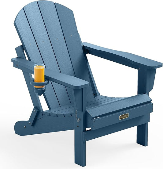 SERWALL Folding Adirondack Chair Outdoor Adirondack Chairs with Cup Holder, Weather Resistant Fire Pit Chairs for Patio - Blue