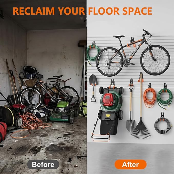16 Pack Garage Hooks Heavy Duty, Industrial Wall Mount Garage Storage Hooks for Hanging Bike, Ladder and Garden Tools, Organization System with Mop Broom Holders, 100 LBS Capacity, Orange