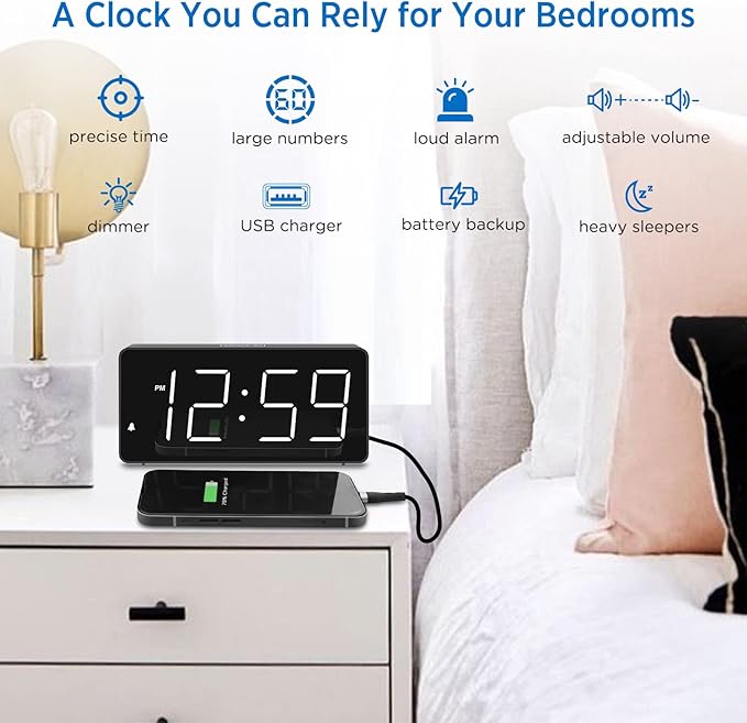 Peakeep Digital Alarm Clock for Bedroom Bedside, Loud Alarm Clock for Heavy